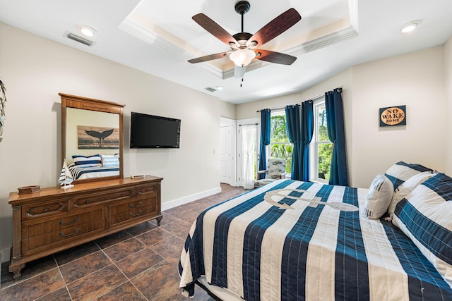 135 Bayou Point Dr, Santa Rosa Beach, FL 32459 - bedroom with a ceiling fan, a tray ceiling, baseboards, access to outside, and visible vents