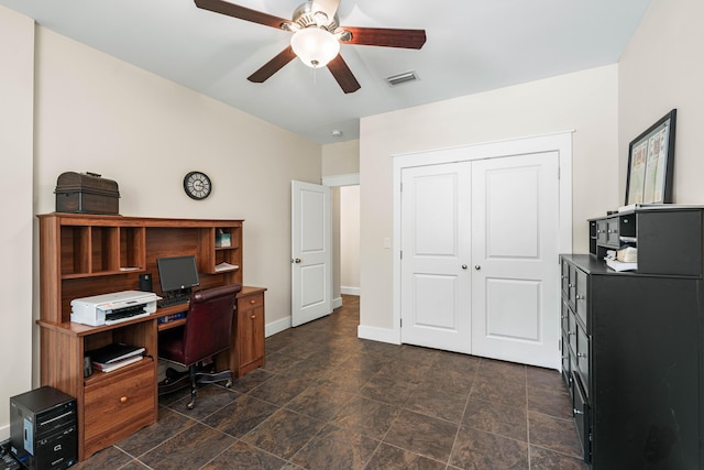 135 Bayou Point Dr, Santa Rosa Beach, FL 32459 - office featuring stone finish flooring, visible vents, a ceiling fan, and baseboards