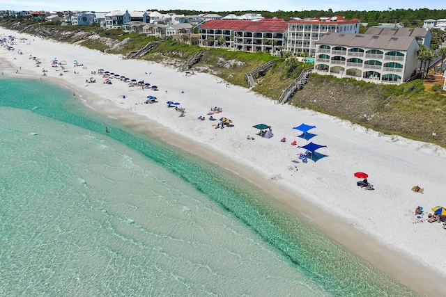 aerial view featuring a beach view and a water view