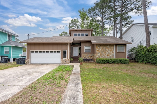 view of front facade featuring a garage, roof with shingles, driveway, and stone siding