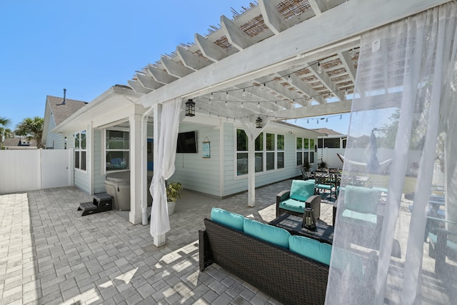 view of patio with a pergola, an outdoor hangout area, and fence