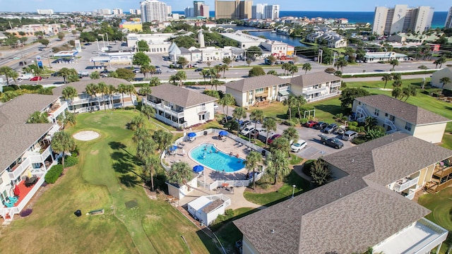 bird's eye view with a view of city and a water view