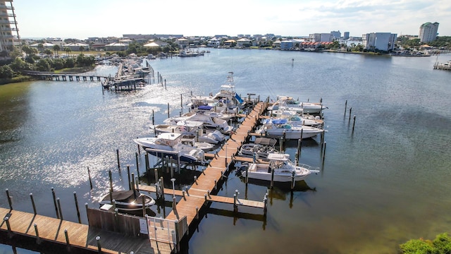 view of dock with boat lift and a water view