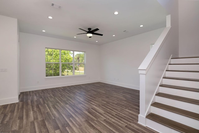 unfurnished living room with baseboards, visible vents, recessed lighting, and stairway