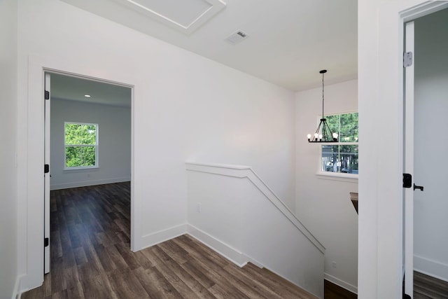 hallway with dark wood finished floors, an inviting chandelier, visible vents, an upstairs landing, and baseboards