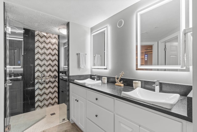 bathroom with a sink, double vanity, and a stall shower