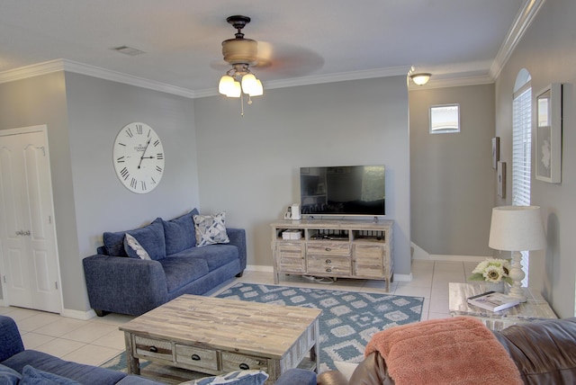 38 Aquamarine Cv, Miramar Beach, FL 32550 - living area with a ceiling fan, baseboards, crown molding, and tile patterned floors