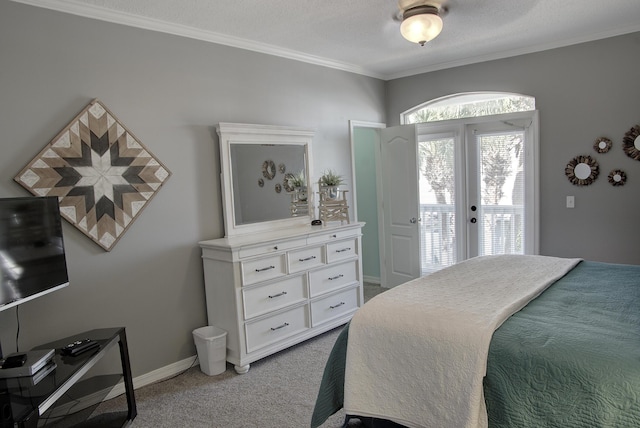 38 Aquamarine Cv, Miramar Beach, FL 32550 - bedroom with baseboards, crown molding, light colored carpet, and french doors