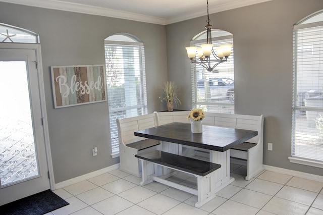 38 Aquamarine Cv, Miramar Beach, FL 32550 - dining room featuring baseboards, light tile patterned floors, ornamental molding, and an inviting chandelier