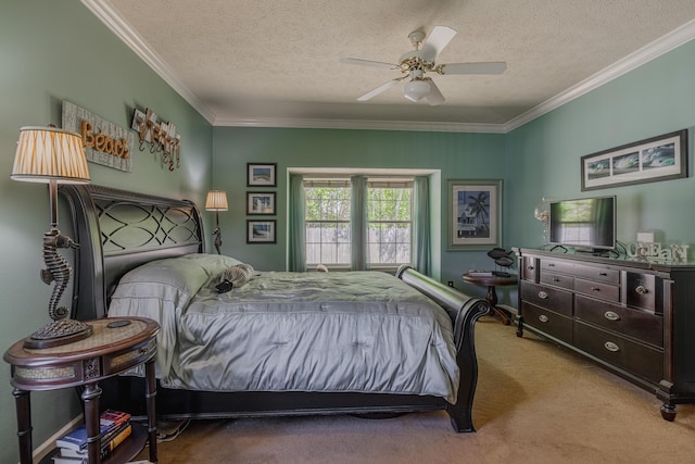 carpeted bedroom featuring a textured ceiling, a ceiling fan, and ornamental molding
