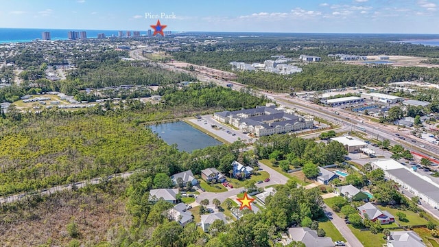 bird's eye view with a city view and a water view