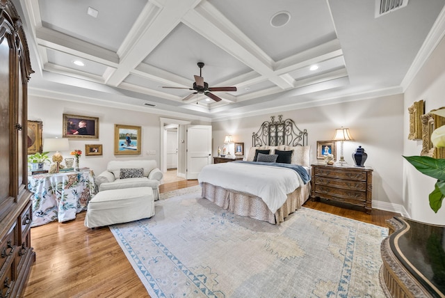 bedroom with coffered ceiling, wood finished floors, visible vents, beamed ceiling, and baseboards