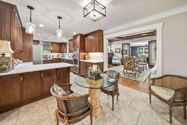 dining room featuring a ceiling fan, light tile patterned floors, ornamental molding, and recessed lighting