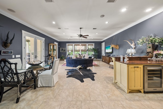 living room with recessed lighting, wine cooler, visible vents, ornamental molding, and ceiling fan