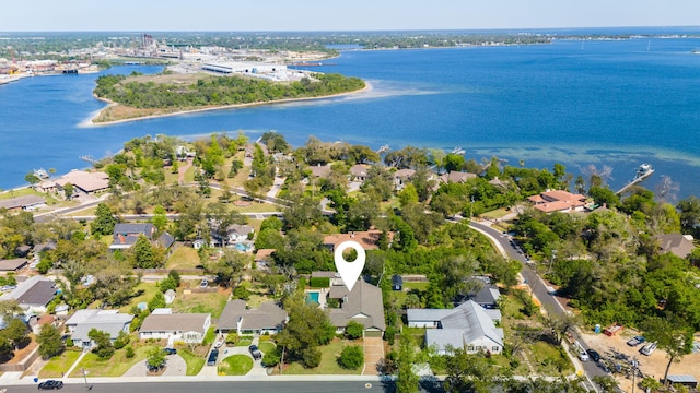 aerial view with a residential view and a water view