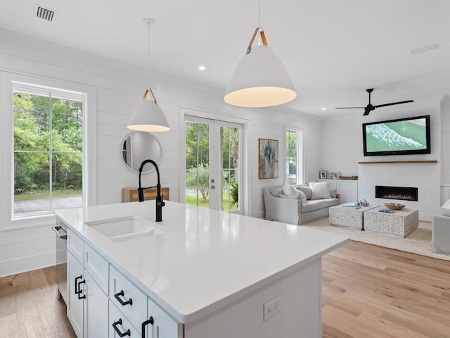 105 Greenbriar Ln, Santa Rosa Beach, FL 32459 - kitchen with a healthy amount of sunlight, light wood-style flooring, a fireplace, a sink, and visible vents