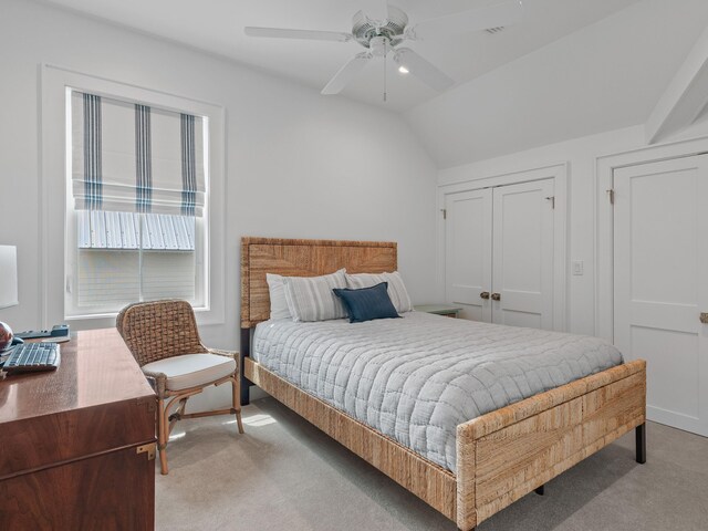 105 Greenbriar Ln, Santa Rosa Beach, FL 32459 - bedroom featuring light colored carpet, ceiling fan, vaulted ceiling, and a closet