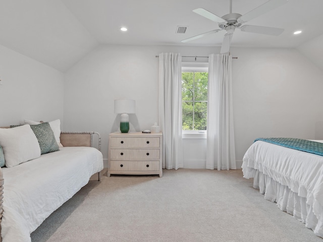 105 Greenbriar Ln, Santa Rosa Beach, FL 32459 - bedroom featuring recessed lighting, visible vents, vaulted ceiling, and carpet floors