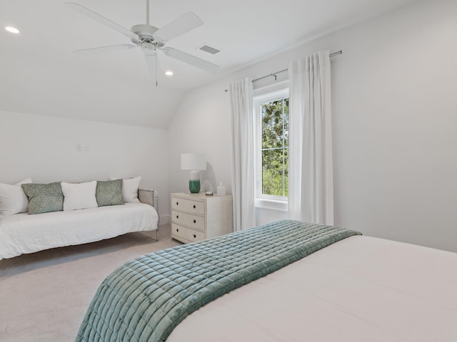 105 Greenbriar Ln, Santa Rosa Beach, FL 32459 - bedroom with carpet flooring, visible vents, ceiling fan, recessed lighting, and vaulted ceiling