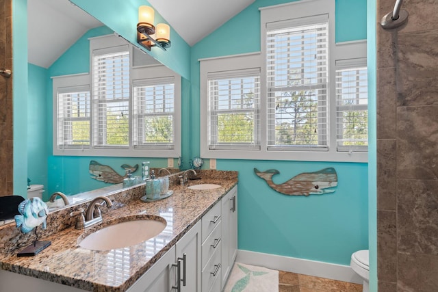 full bathroom with lofted ceiling, a sink, and toilet