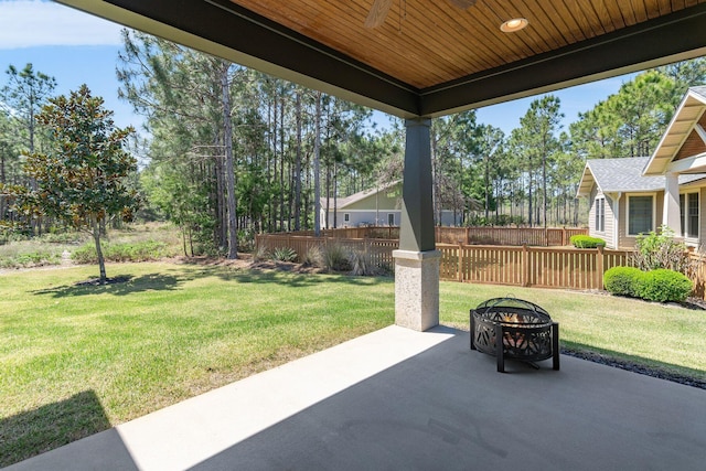 view of patio / terrace with a fire pit and fence