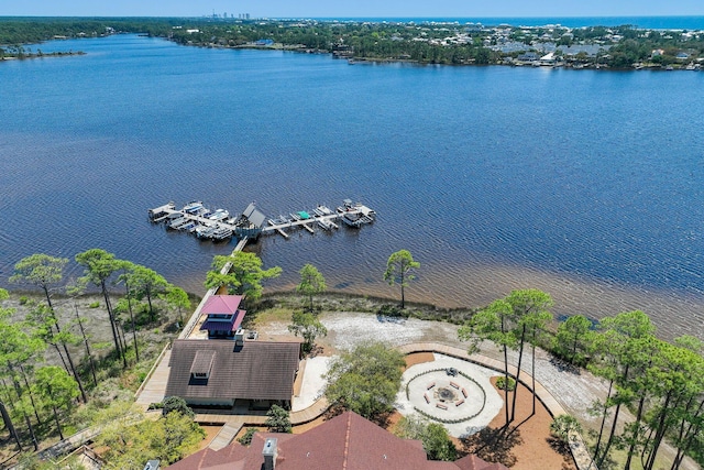 drone / aerial view with a water view