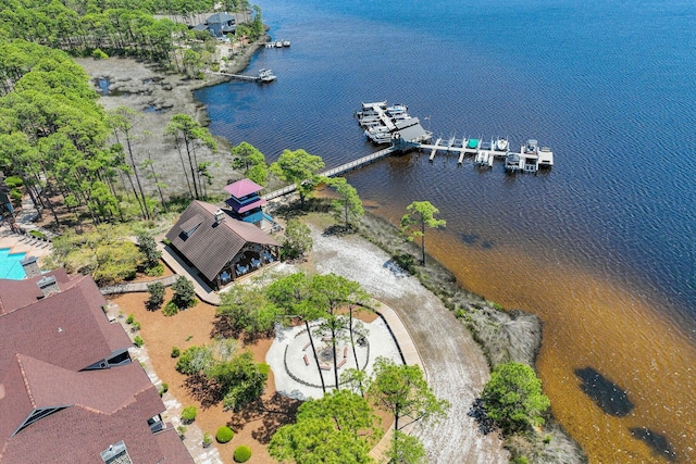 bird's eye view with a water view