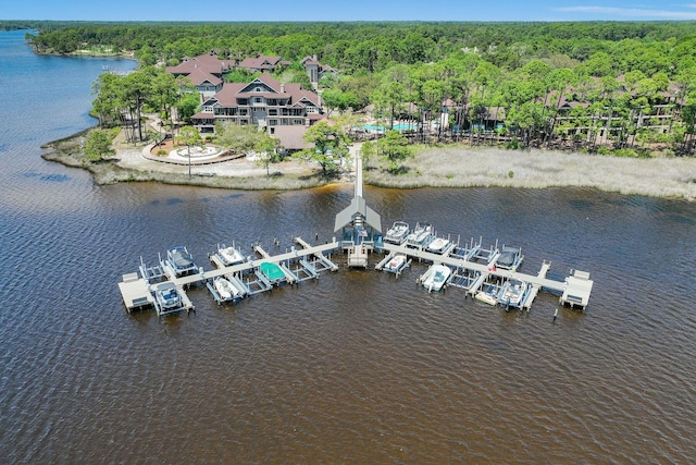 drone / aerial view featuring a forest view and a water view