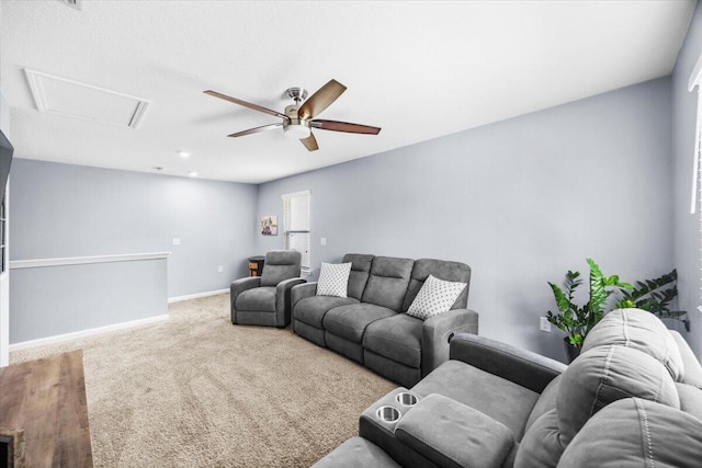 3129 Partridge Dr, Crestview, FL 32539 - carpeted living room featuring a ceiling fan, baseboards, and attic access