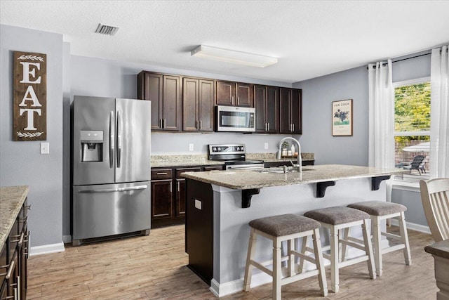 3129 Partridge Dr, Crestview, FL 32539 - kitchen featuring appliances with stainless steel finishes, a sink, a breakfast bar, light wood-style floors, and a textured ceiling
