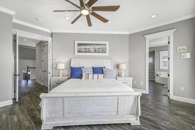 4720 Rendezvous Cv, Destin, FL 32541 - bedroom featuring baseboards, dark wood-type flooring, crown molding, recessed lighting, and a ceiling fan