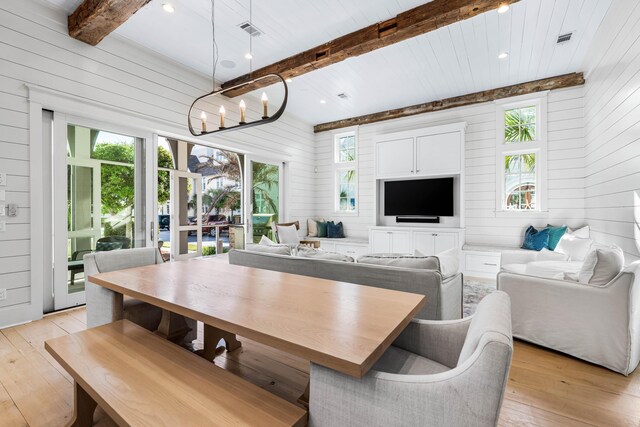 dining area with wooden walls, light wood-style floors, and beamed ceiling