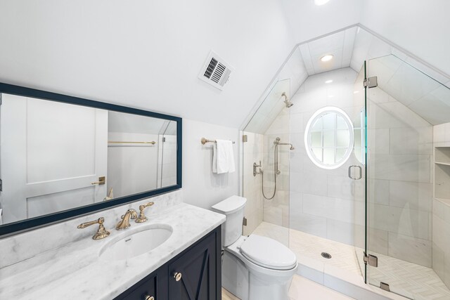 full bathroom featuring lofted ceiling, a shower stall, visible vents, toilet, and vanity