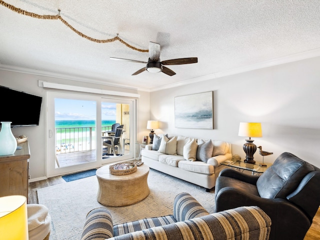5801 Thomas Dr Unit 415, Panama City Beach, FL 32408 - living area with wood finished floors, a textured ceiling, ceiling fan, and crown molding