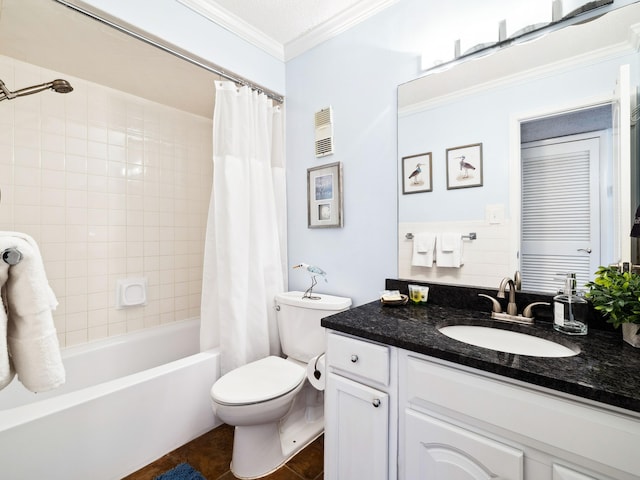 5801 Thomas Dr Unit 415, Panama City Beach, FL 32408 - bathroom with toilet, visible vents, shower / bath combo with shower curtain, crown molding, and vanity