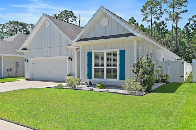 85 Stonegate Dr, Santa Rosa Beach, FL 32459 - modern farmhouse style home with a gate, concrete driveway, board and batten siding, an attached garage, and roof with shingles
