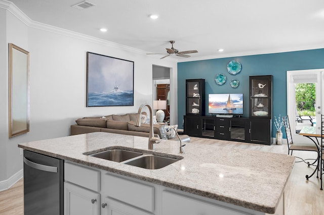 85 Stonegate Dr, Santa Rosa Beach, FL 32459 - kitchen with visible vents, stainless steel dishwasher, a sink, crown molding, and open floor plan