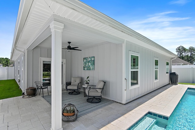 85 Stonegate Dr, Santa Rosa Beach, FL 32459 - exterior space with a fenced backyard, a ceiling fan, a fenced in pool, and a deck
