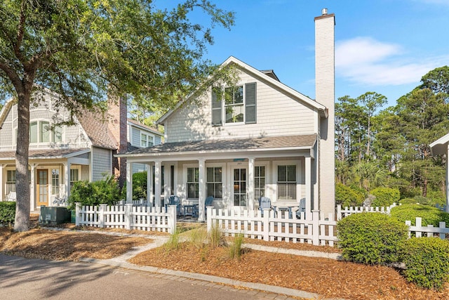 265 Salt Box Ln, Watersound, FL 32461 - view of front of home featuring covered porch, a fenced front yard, a chimney, and central AC
