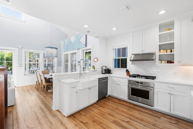 265 Salt Box Ln, Watersound, FL 32461 - kitchen with open shelves, a peninsula, under cabinet range hood, a sink, and stainless steel appliances
