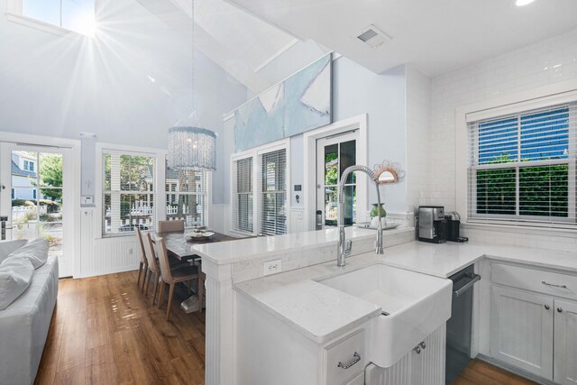 265 Salt Box Ln, Watersound, FL 32461 - kitchen with an inviting chandelier, a sink, wood finished floors, visible vents, and dishwashing machine