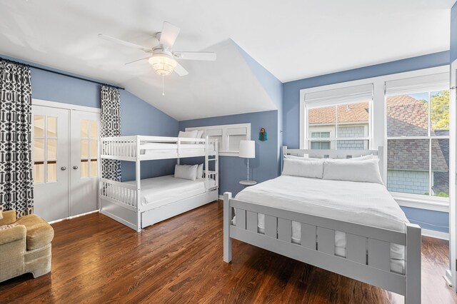 265 Salt Box Ln, Watersound, FL 32461 - bedroom featuring baseboards, ceiling fan, vaulted ceiling, and wood finished floors