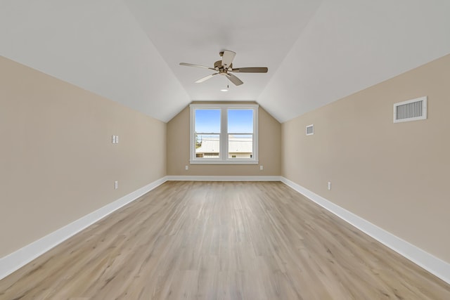 4003 Tarpon St, Panama City Beach, FL 32408 - additional living space with visible vents, ceiling fan, vaulted ceiling, and light wood-style floors