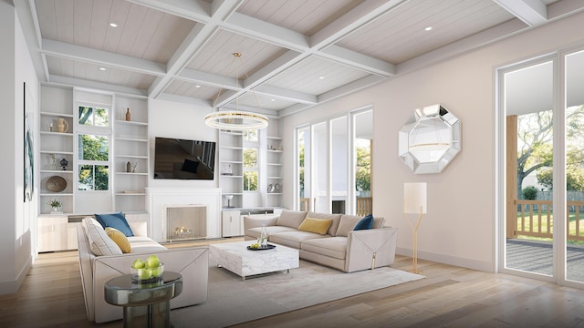 253 Quail Hollow Ct, Inlet Beach, FL 32461 - living room with wood finished floors, baseboards, beam ceiling, coffered ceiling, and a lit fireplace