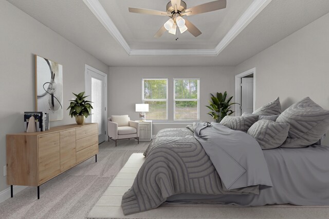 7424 Gordon Evans Rd, Navarre, FL 32566 - bedroom with light colored carpet, a tray ceiling, crown molding, and ceiling fan