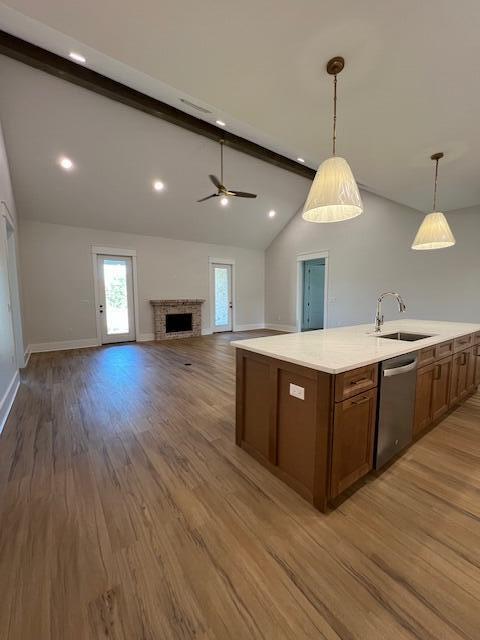 149 Leap Year Ln, Freeport, FL 32439 - kitchen featuring a sink, wood finished floors, lofted ceiling with beams, and dishwasher