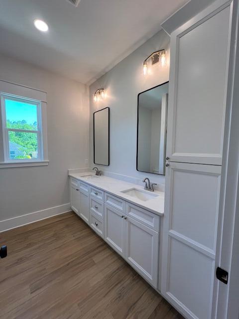 149 Leap Year Ln, Freeport, FL 32439 - bathroom with double vanity, wood finished floors, baseboards, and a sink