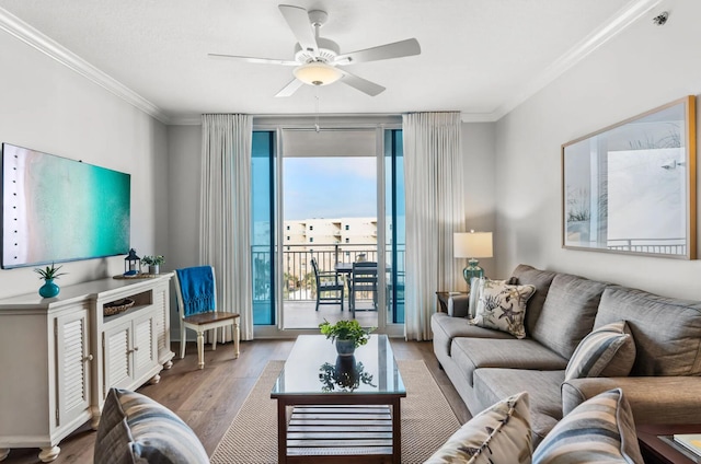 1110 Santa Rosa Blvd Unit A616, Fort Walton Beach, FL 32548 - living area with a ceiling fan, ornamental molding, and wood finished floors
