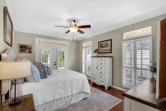 bedroom featuring access to outside, ceiling fan, dark wood finished floors, baseboards, and ornamental molding