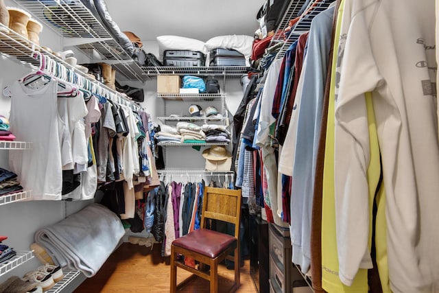 walk in closet with wood finished floors